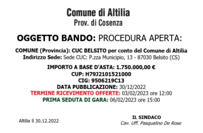 Bando del Comune di Altilia (Cosenza) procedura aperta