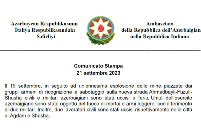Comunicato stampa Ambasciata Azerbaigian 21 settembre 2023